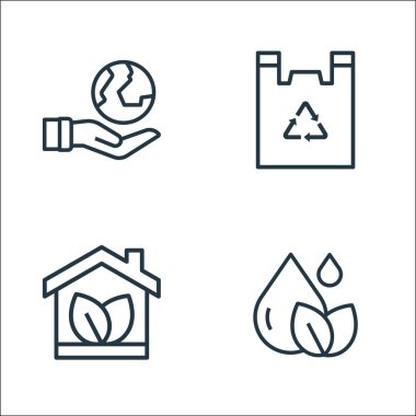 Ekoloji çizgisi simgeleri. Doğrusal küme. Su, ev, torba gibi kalite vektör çizgisi