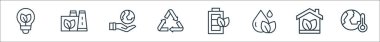 Ekoloji çizgisi simgeleri. Doğrusal küme. Küresel ısınma, ev, su, pil, geri dönüşüm, hayat kurtarıcı, fabrika gibi kalite vektör dizileri
