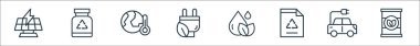 Ekoloji çizgisi simgeleri. Doğrusal küme. Yağ, elektrikli araba, kağıt, su, eko elektrik, küresel ısınma, şişe gibi kalite vektör çizgisi