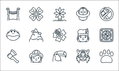 orman çizgisi simgeleri. Doğrusal küme. Pençe izi, tukan, balta, kaplan, kız, kurbağa, kürtaj, şapka, çiçek gibi kalite vektör çizgisi