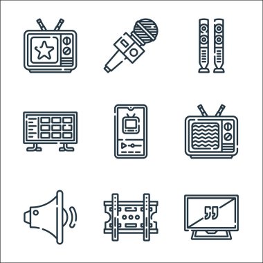 Televizyon dizisi simgeleri. Doğrusal küme. TV ekranı, parantez, ses, bozuk, akıllı telefon, akıllı televizyon, hoparlör, mikrofon gibi kalite vektör dizileri