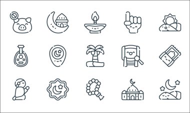 Ramazan çizgi simgeleri. Doğrusal küme. Kaliteli vektör dizisi örneğin uyku, tasbih, dua, cami, ovma el hizb, oud, bedig, counting, muslim