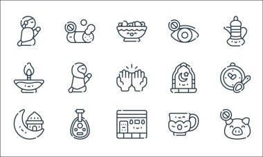 Ramazan çizgi simgeleri. Doğrusal küme. Kaliteli vektör çizgisi: yemek yok, kabe, müslüman, çay fincanı, sesli, mum, pencere, kapalı göz, sigara yok