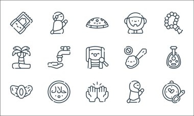 Ramazan çizgi simgeleri. Doğrusal küme. Kaliteli vektör çizgisi: yemek, dua, hurma, dua, helal palmiye, yemek yok, müslüman, dua