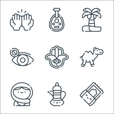 Ramazan çizgi simgeleri. Doğrusal küme. Sajadah, çaydanlık, müslüman, deve, hamsa, kapalı gözler, palmiye ağacı, oud gibi kalite vektör dizileri