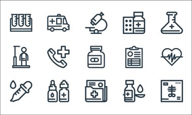 Tıbbi araçlar çizgisi simgeleri. Doğrusal küme. X ışını, belge, damlatıcı, şurup, göz damlası, boy, tıbbi sonuç, ilaç, ambulans gibi kalite vektör çizgisi