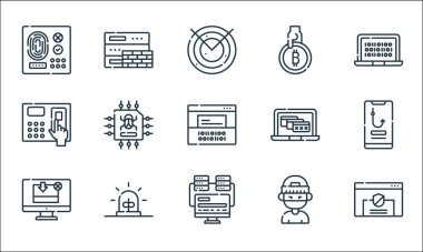 Hacker çizgisi simgeleri. Doğrusal küme. Kalite vektör çizgisi: Kalkan, programlama, indirme, hacker, alarm, erişim, uyarı, bitcoin, güvenlik duvarı