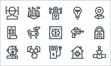Gelecekteki çizgi simgelerinin teknolojisi. Doğrusal küme. smartwatch, şarj istasyonu, cyborg, akıllı ev, ekran, katlanabilir telefon, blaster, eko ışık, şehir gibi kalite vektör dizileri