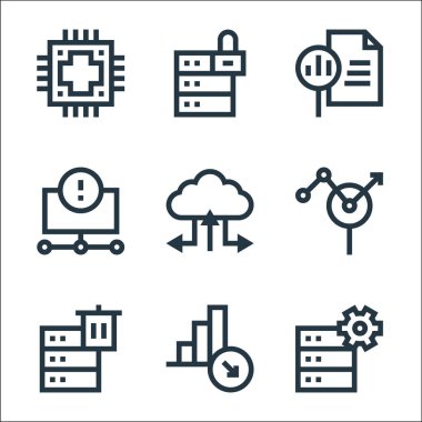 büyük veri çizgisi simgeleri. Doğrusal küme. Ağ gibi kalite vektör çizgisi seti, azalt, sil, ara, bulut depolama, hata, rapor, kilit