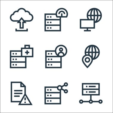 büyük veri çizgisi simgeleri. Doğrusal küme. Sunucu, paylaşım, hata, dünya, veritabanı, veritabanı, internet, sunucu gibi kalite vektör dizileri