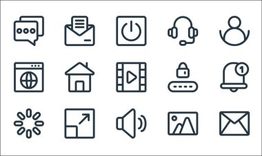 Evet çizgi simgeleri. Doğrusal küme. Posta, ses, yükleme, resim, tam ekran, tarayıcı, şifre, kulaklık, ileti gibi kalite vektör dizileri