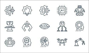 Robot çizgisi simgeleri. Doğrusal küme. Robot kolu, yapay zeka, robot, dron, yapay zeka, ameliyat, robot, çip, ampul gibi kalite vektör çizgisi