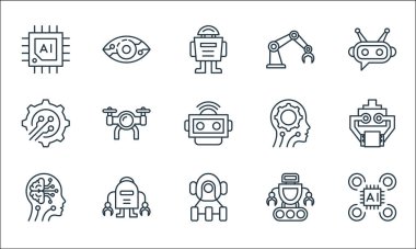 Robot çizgisi simgeleri. Doğrusal küme. Yapay zeka, robot, yapay zeka, robot, robot, süreç, yapay zeka, kol, görme gibi kalite vektör dizileri