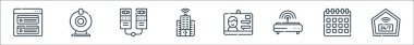 Telekom hattı simgeleri. Doğrusal küme. ev, takvim, modem, çevrimiçi, çevrimiçi, sunucular, web kamerası gibi kalite vektör dizileri