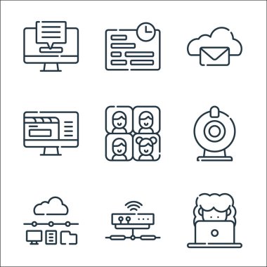 Telekom hattı simgeleri. Doğrusal küme. kalite vektör çizgisi çevrimiçi, modem, ağ, web kamerası, toplantı, takım çalışması, bulut, son teslim tarihi gibi