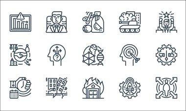 İş risk çizgisi simgeleri. Doğrusal küme. karar, yangın, mühlet, etkili, deprem, ortaklık, hedef, savaş, yürütme gibi kalite vektör çizgisi