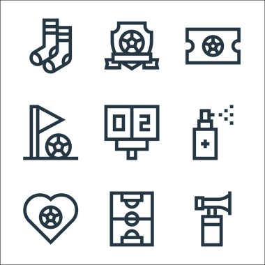 Futbol sahası ikonları. Doğrusal küme. Hava kornası, futbol sahası, aşk, ilaç, skor tabelası, futbol, amblemi gibi kalite vektör çizgisi