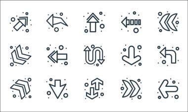 Ok çizgisi simgeleri. Doğrusal küme. Kalite vektör çizgisi sol dönüş, yön oku, sağa dön, çift ok, aşağı ok, aşağı ok, aşağı ok, aşağı ok, aşağı sol ok, aşağı ok gibi,