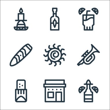 Cinco de mayonez çizgisi simgeleri. Doğrusal küme. Tekila, ev, tamale, trompet, güneş, puro, tekila, acı sos gibi kalite vektör dizileri