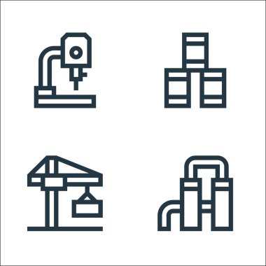 Sanayi işlem çizgisi simgeleri. Doğrusal küme. Tank, vinç, yağ varili gibi kalite vektör çizgisi