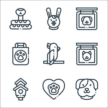 Evcil hayvan kuyruğu simgeleri. Doğrusal küme. Kaliteli vektör çizgisi: köpek, hayvan, kuş evi, kedi, papağan, çanta, köpek, tavşan