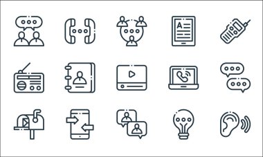 iletişim hattı simgeleri. Doğrusal küme. Dinleme, konuşma, posta kutusu, fikir, akıllı telefon, radyo, video çağrısı, kitap, konuşma gibi kalite vektör dizileri