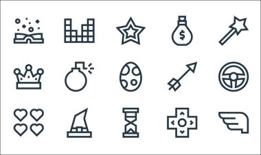 Video oyunu ögeleri çizgi simgeleri. Doğrusal küme. Kanatlar, kum saati, hayatlar, oklar, cadı şapkası, taç, ok, para çantası, video oyunu gibi kalite vektör satırı