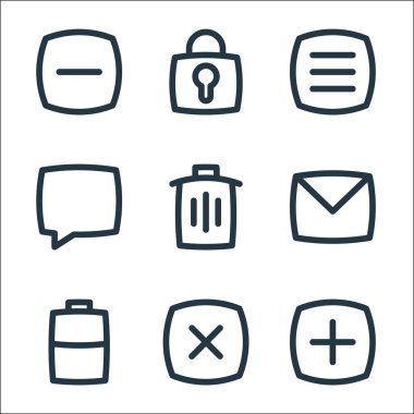 Temel ui çizgisi simgeleri. Doğrusal küme. ekleme, çapraz, yarım pil, e- posta, silme, sohbet, açık menü, kilit gibi kalite vektör dizileri