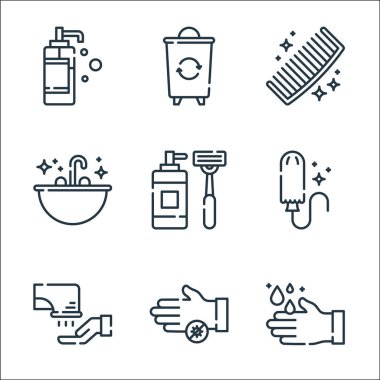 Hijyen rutin çizgi simgeleri. Doğrusal küme. El yıkama, bakteri, el kurutma, tampon, tıraş jileti, lavabo, tarak, çöp kutusu gibi kalite vektör çizgisi
