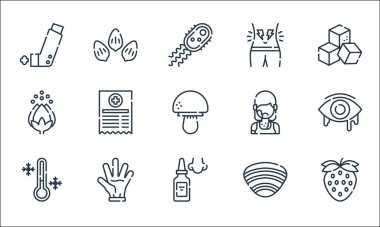 Alerji çizgisi simgeleri. Doğrusal küme. Çilek, burun spreyi, soğuk, midye, lateks, polen, kızarıklık, kramp, susam gibi kalite vektör dizileri