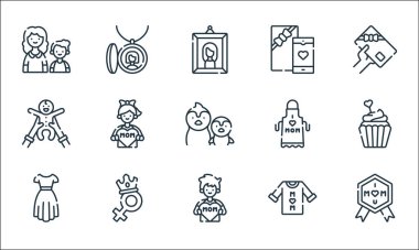 Anneler günü sembolleri. Doğrusal küme. Kaliteli vektör çizgisi Anneler Günü, küçük çocuk, elbise, anneler günü, kadın, bebek, önlük, kolye gibi