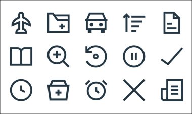 kullanıcı arayüzü satır simgeleri. Doğrusal küme. Gazete, alarm, saat, silme, toplama, kitap, duraklatma, filtre, belge gibi kalite vektör satırı