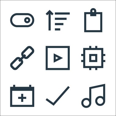 kullanıcı arayüzü satır simgeleri. Doğrusal küme. Melodi, kontrol işareti, takvim, işlemci, video oynatıcı, hiper bağlantı, pano, filtre gibi kalite vektör dizisi