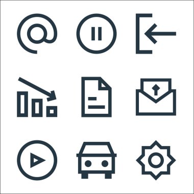 kullanıcı arayüzü satır simgeleri. Doğrusal küme. Parlaklık, araba, oyun, e-posta, belge, diyagram, duraklama gibi kalite vektör çizgisi