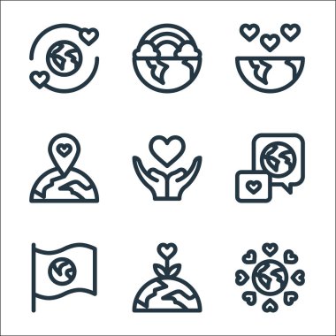 Dünya aşk çizgisi simgeleri. Doğrusal küme. Dünya, dünya, aşk, gökkuşağı gibi kalite vektör çizgisi