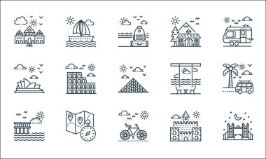 Turizm çizgisi simgeleri. Doğrusal küme. Londra Köprüsü, Bisiklet, sahil, kale, navigasyon, yaz tatili, malikane, yolcu gemisi gibi kalite vektör çizgisi