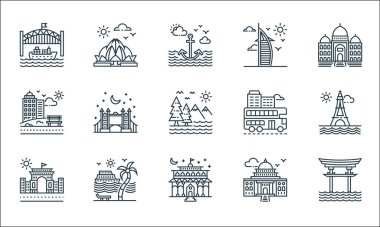 Turizm çizgisi simgeleri. Doğrusal küme. Torii kapısı, Viyana, istasyon, bina, yolcu gemisi, kasaba, çift katlı otobüs, lotus tapınağı gibi kalite vektör dizileri