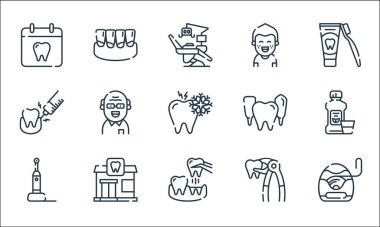 Diş bakımı ikonları. Doğrusal küme. Diş ipi, diş fırçası, elektrikli diş fırçası, pense, diş macunu, anestezi, diş, çocuk, plaket gibi kalite vektör dizileri