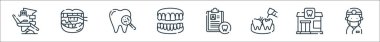 Diş bakımı ikonları. Doğrusal küme. Dişçi, diş, çürük, diş, takma diş, bakteri, diş fırçası gibi kalite vektör çizgisi