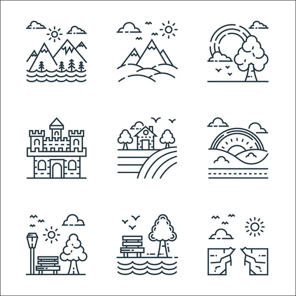 Iconos Línea Naturaleza Paisaje Conjunto Lineal Conjunto Línea Vectores Calidad — Vector de stock