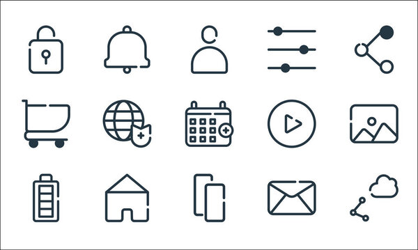 ui master line icons. linear set. quality vector line set such as share, copy, battery, email, home, cart, play, filter, notification