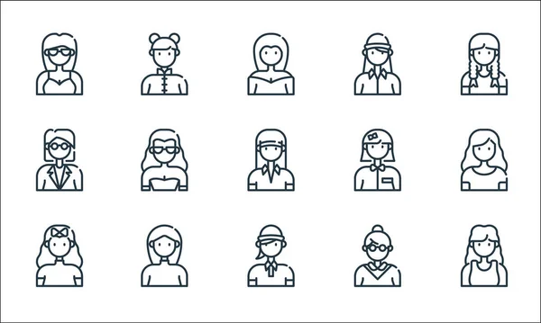 Mujer Avatar Iconos Línea Conjunto Lineal Conjunto Línea Vectores Calidad — Vector de stock