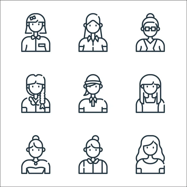 Mujer Avatar Iconos Línea Conjunto Lineal Conjunto Línea Vectores Calidad — Vector de stock