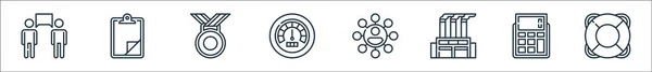 Managementzeilensymbole Lineares Set Qualitätsvektorzeilensatz Wie Lebensretter Taschenrechner Fabrik Netzwerk Leistung — Stockvektor