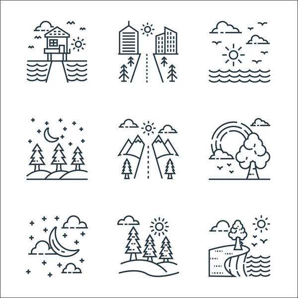 Iconos Línea Naturaleza Paisaje Conjunto Lineal Conjunto Línea Vectorial Calidad — Vector de stock