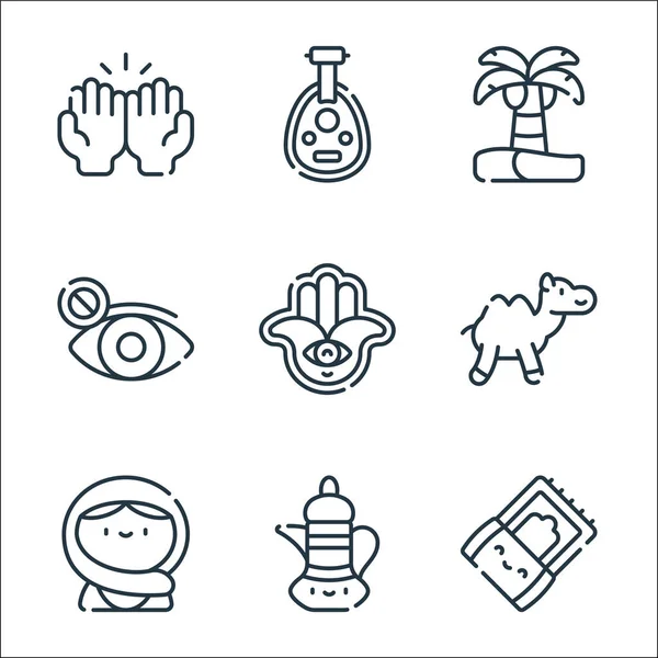 Ramazan çizgi simgeleri. Doğrusal küme. Sajadah, çaydanlık, müslüman, deve, hamsa, kapalı gözler, palmiye ağacı, oud gibi kalite vektör dizileri