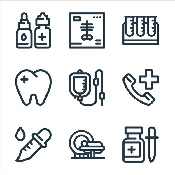 Herramientas Médicas Línea Iconos Conjunto Lineal Conjunto Línea Vectores Calidad — Vector de stock