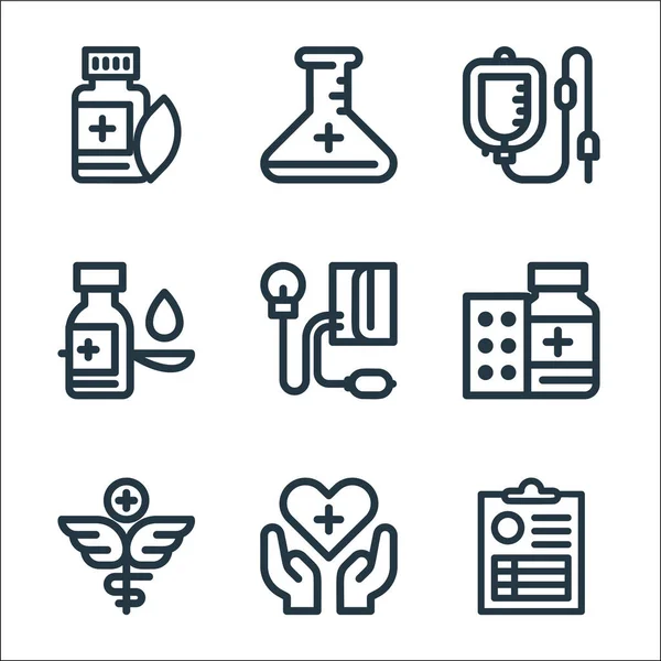 Tıbbi Araçlar Çizgisi Simgeleri Doğrusal Küme Tıbbi Sonuç Sağlık Hizmetleri — Stok Vektör