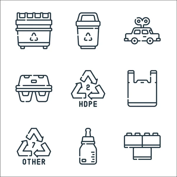 plastic products line icons. linear set. quality vector line set such as toy, baby bottle, recycle, plastic bag, recycle, egg carton, car toy, recycling bin