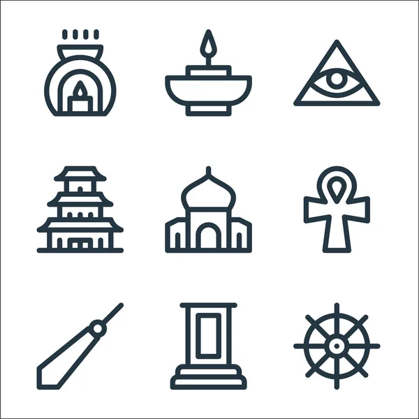 Spirituelle Zeilensymbole Lineares Set Qualitätsvektorlinienset Wie Buddhismus Rednerpult Pendel Ankh — Stockvektor
